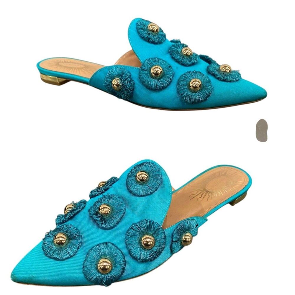 33519  Women's Aquazzura Firenze Aquamarine Sunflower Flats Mules Size 37 (6.5)